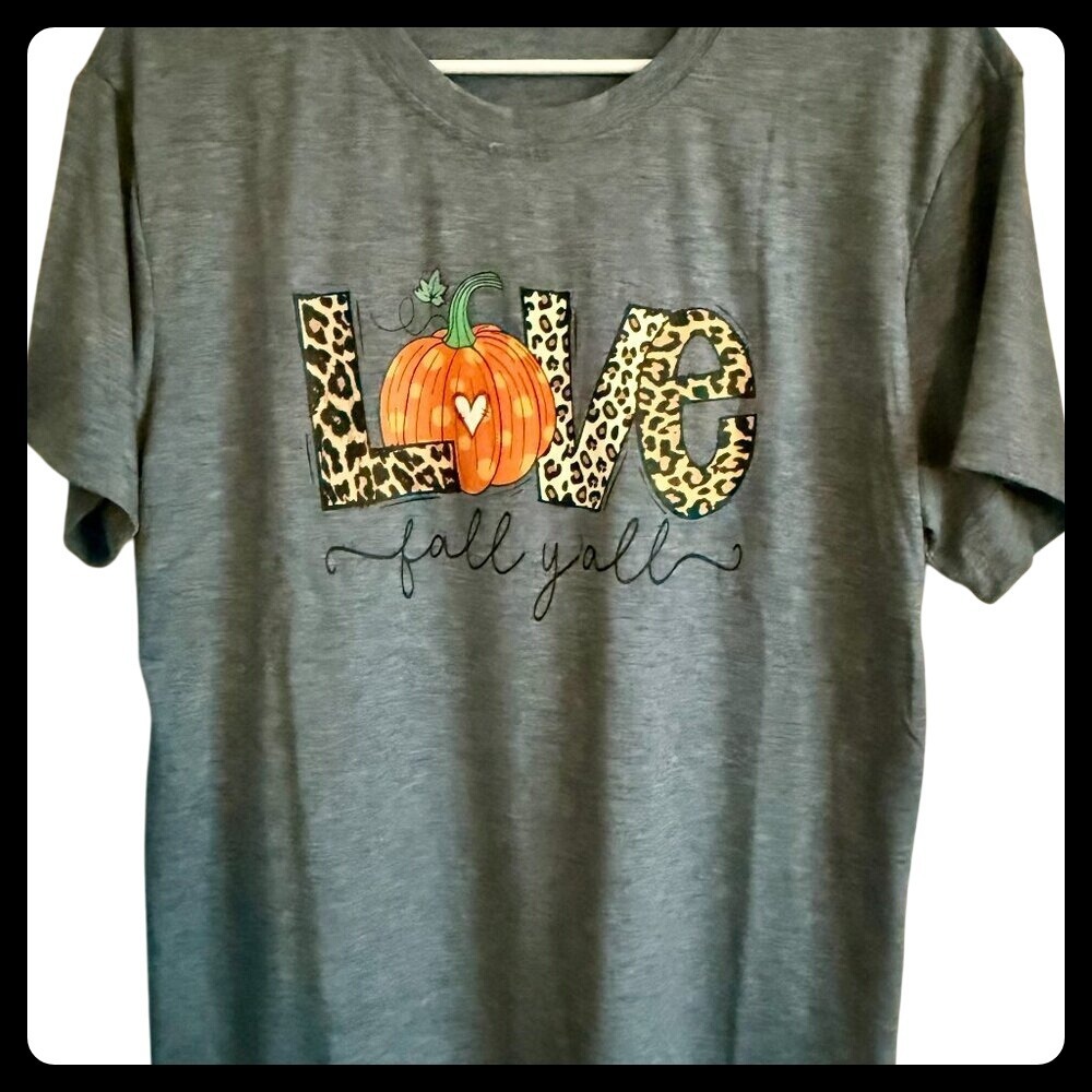 NWOT Love Fall Yall T-Shirt Gray‎ Pumpkin Leopard Print Autumn Tee Top Size L